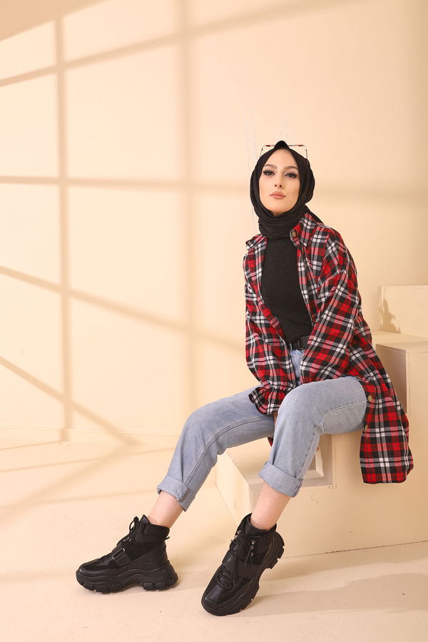 Düz Gömlek Yaka Kadın Kırmızı 3376 TUNIK - 3376 Kırmızı
