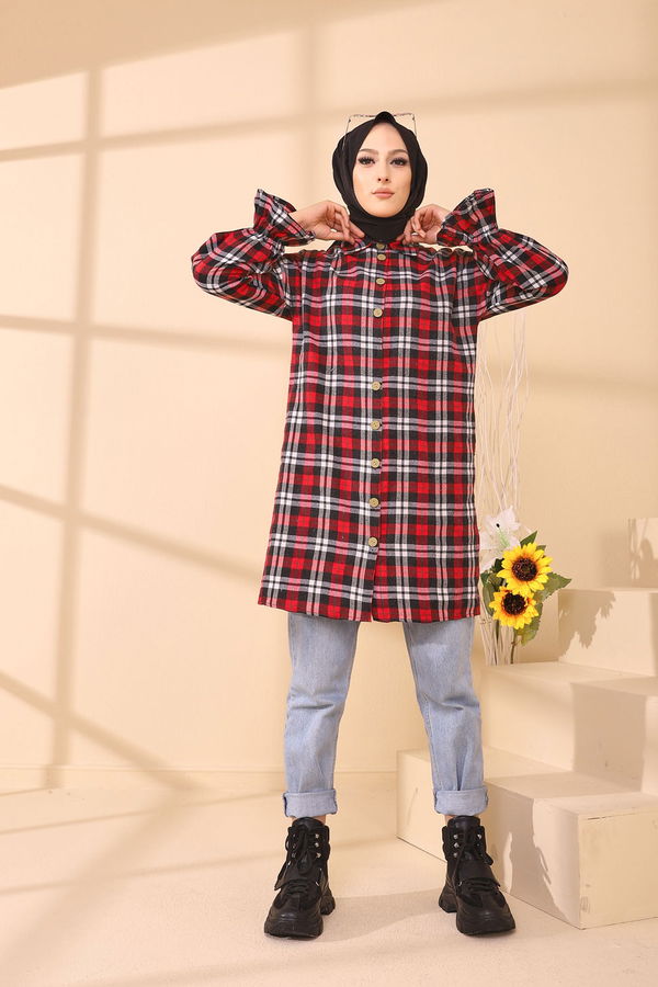 Düz Gömlek Yaka Kadın Kırmızı 3376 TUNIK - 3376 Kırmızı