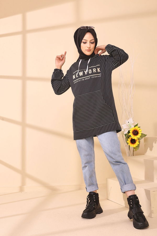 Düz Kapşonlu Yaka Kadın Siyah 4157 TUNIK - 4157 SİYAH