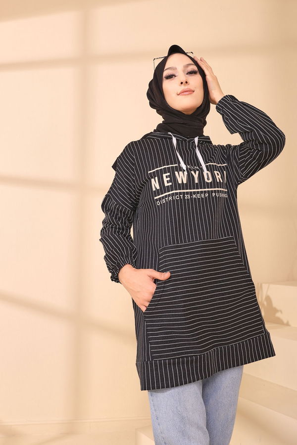 Düz Kapşonlu Yaka Kadın Siyah 4157 TUNIK - 4157 SİYAH