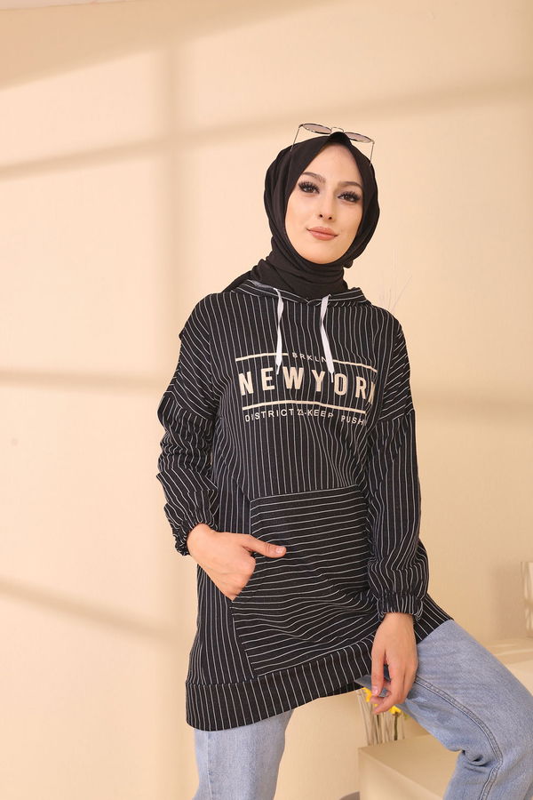 Düz Kapşonlu Yaka Kadın Siyah 4157 TUNIK - 4157 SİYAH