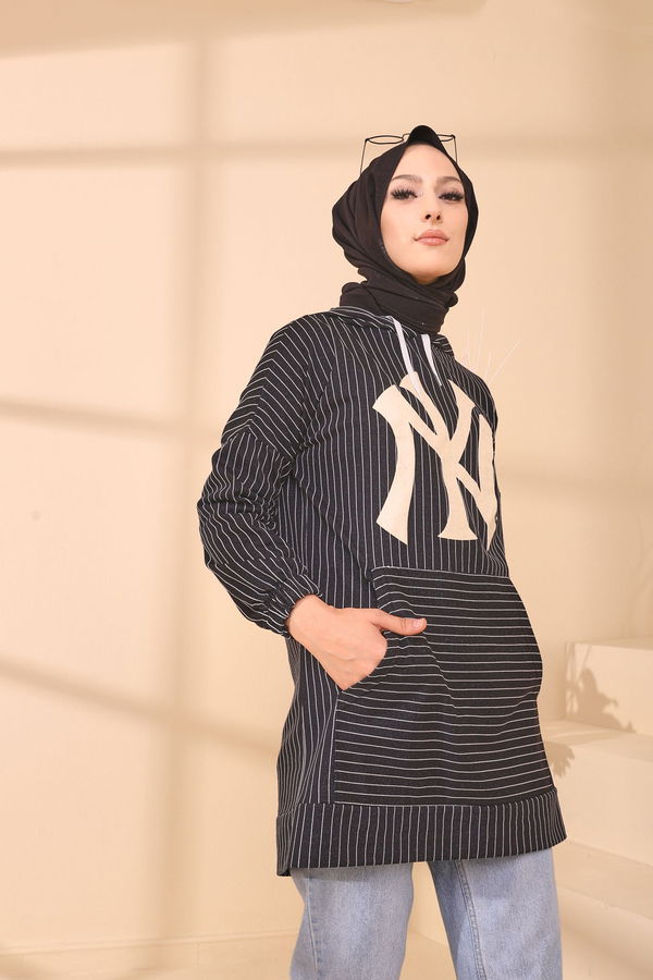 Düz Kapşonlu Yaka Kadın Siyah 4163 TUNIK - 4163 SİYAH