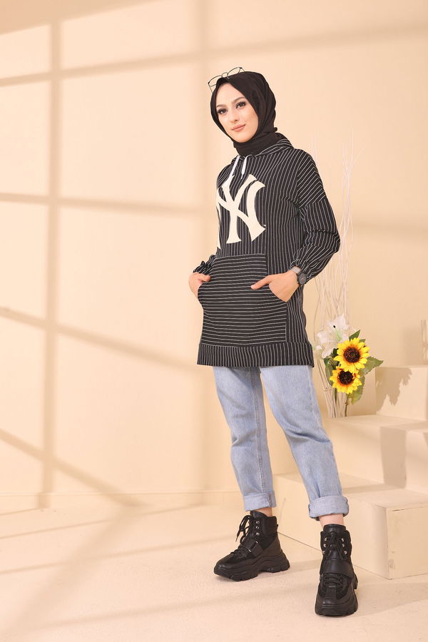 Düz Kapşonlu Yaka Kadın Siyah 4163 TUNIK - 4163 SİYAH