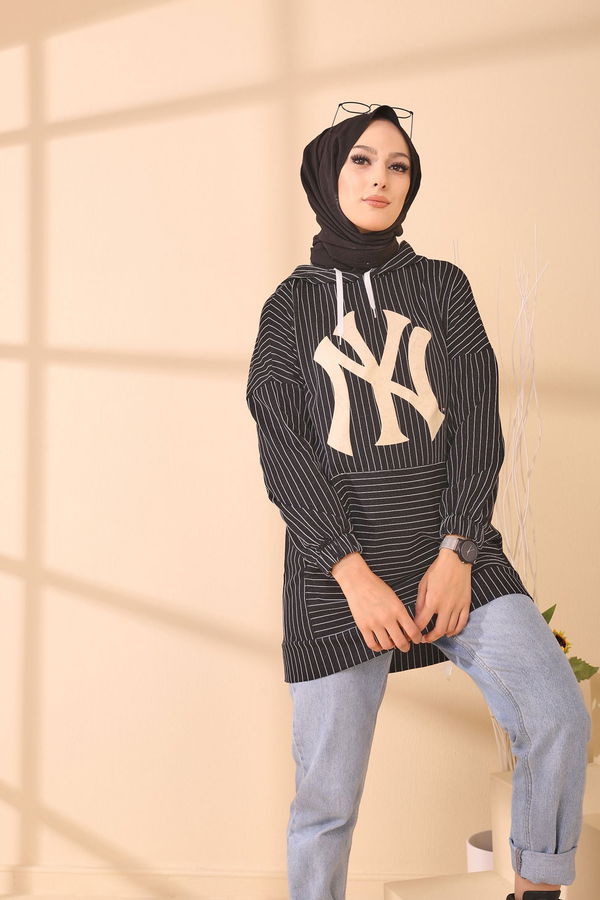 Düz Kapşonlu Yaka Kadın Siyah 4163 TUNIK - 4163 SİYAH