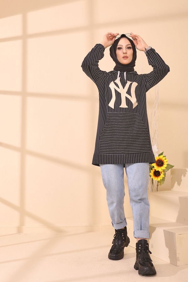 Düz Kapşonlu Yaka Kadın Siyah 4163 TUNIK - 4163 SİYAH