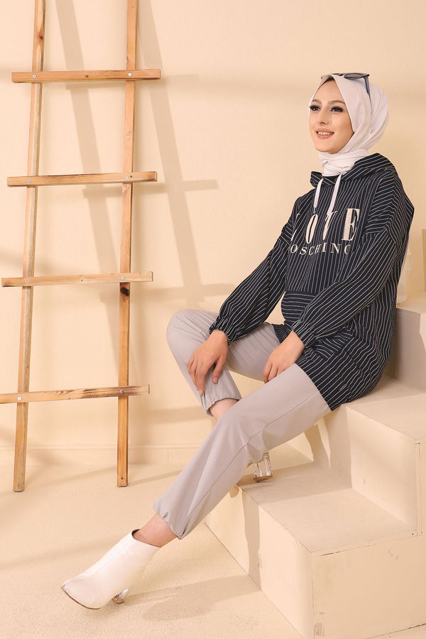 Düz Kapşonlu Yaka Kadın Lacivert 4154 TUNIK - 4154