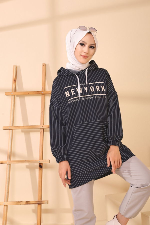 Düz Kapşonlu Yaka Kadın Lacivert 4157 TUNIK - 4157 LACİVERT