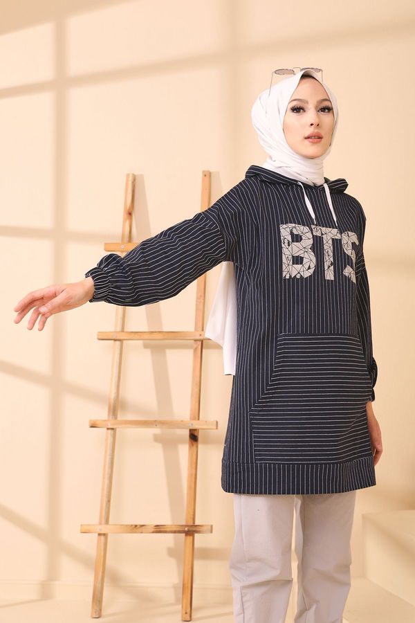 Düz Kapşonlu Yaka Kadın Lacivert 4158 TUNIK - 4158 LACİVERT