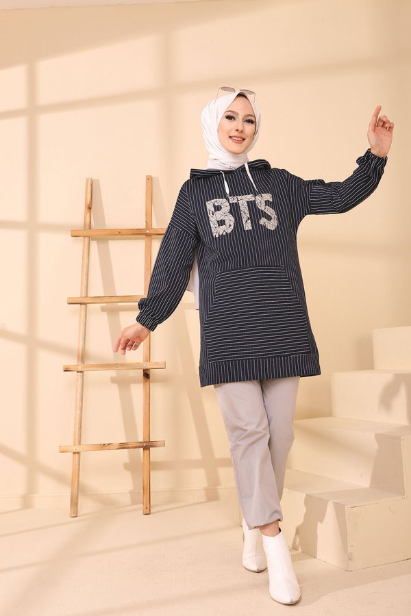 Düz Kapşonlu Yaka Kadın Lacivert 4158 TUNIK - 4158 LACİVERT