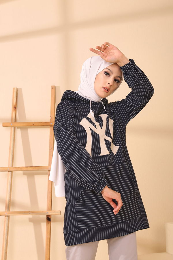 Düz Kapşonlu Yaka Kadın Lacivert 4163 TUNIK - 4163