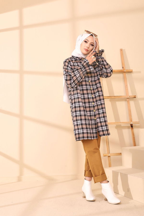 Düz Gömlek Yaka Kadın Vizon 3376 TUNIK - 3376