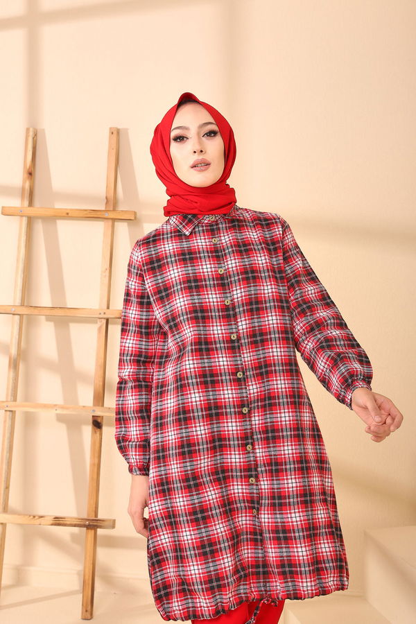 Düz Gömlek Yaka Kadın Kırmızı TUNIK - 3294 Kırmızı