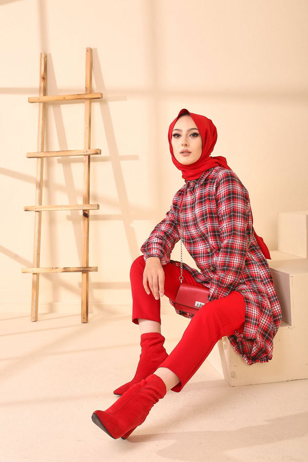 Düz Gömlek Yaka Kadın Kırmızı TUNIK - 3294 Kırmızı