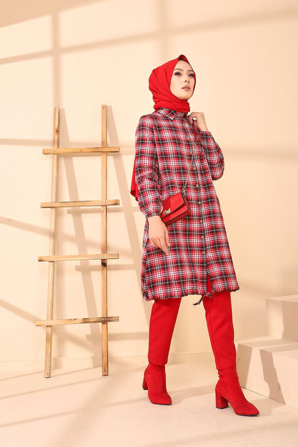 Düz Gömlek Yaka Kadın Kırmızı TUNIK - 3294 Kırmızı