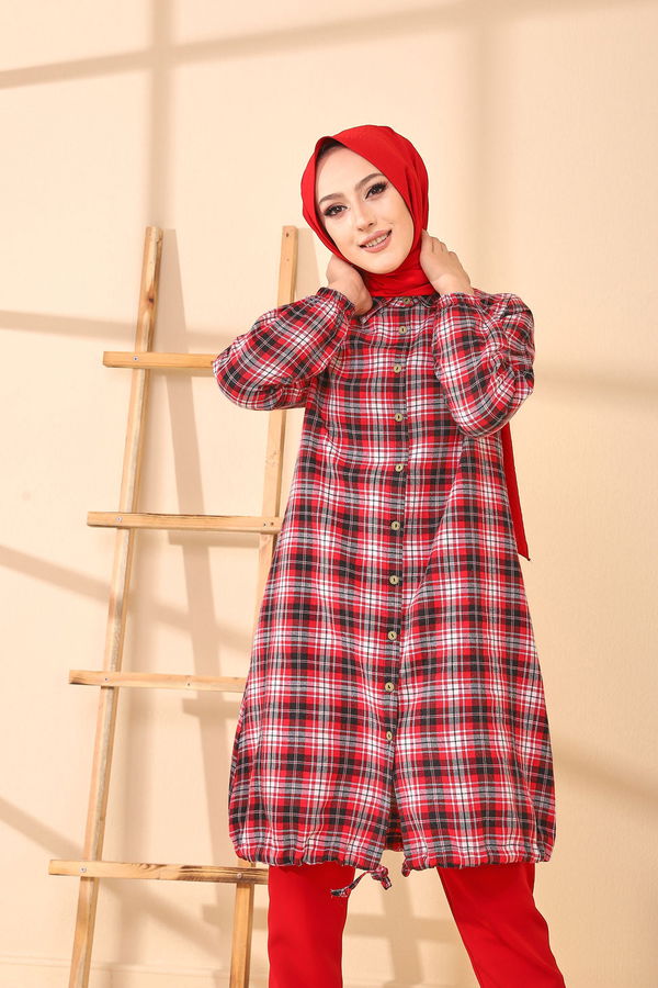 Düz Gömlek Yaka Kadın Kırmızı TUNIK - 3294 Kırmızı