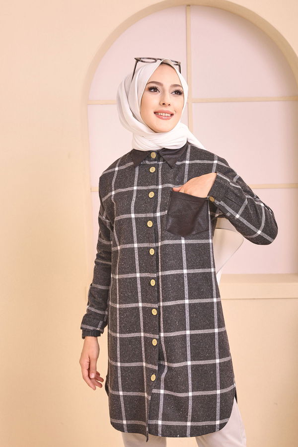 Düz Gömlek Yaka Kadın Antrasit TUNIK - 3377
