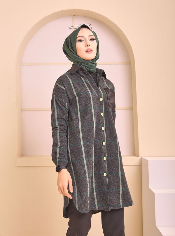 Düz Gömlek Yaka Kadın Antrasit TUNIK - 3377