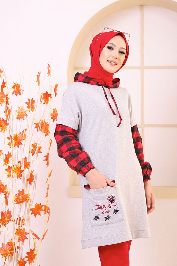 Düz Kapşonlu Yaka Kadın Gri 3359 TUNIK - 3359 GRİ