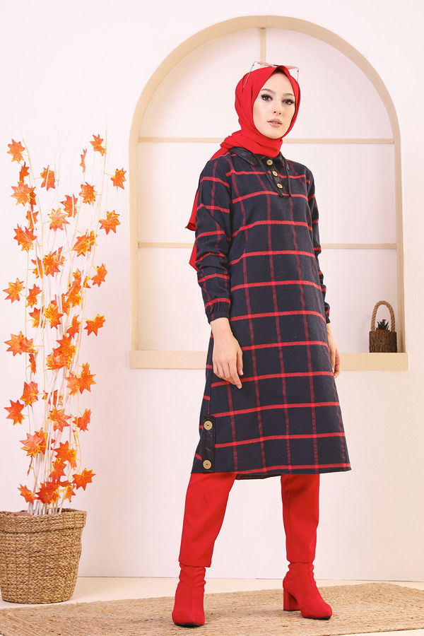 Düz Gömlek Yaka Kadın Kırmızı 8635 TUNIK - Yeşil - 46 - 8635