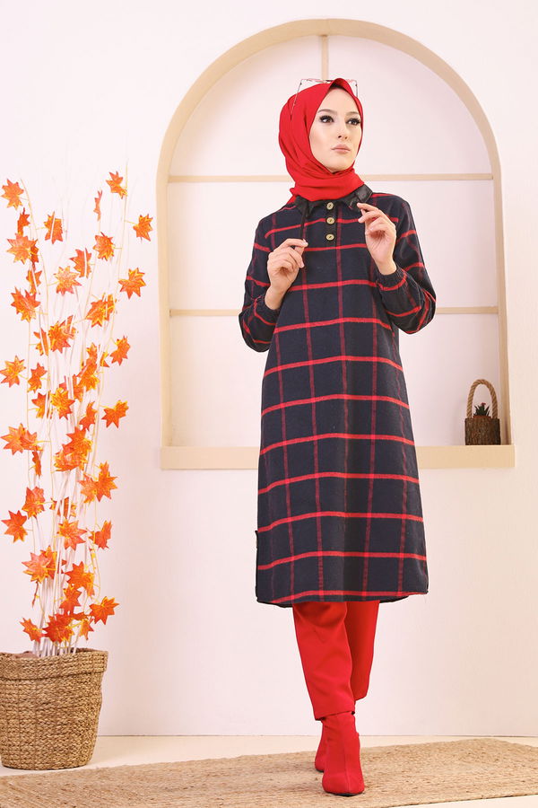 Düz Gömlek Yaka Kadın Kırmızı 8635 TUNIK - Yeşil - 46 - 8635
