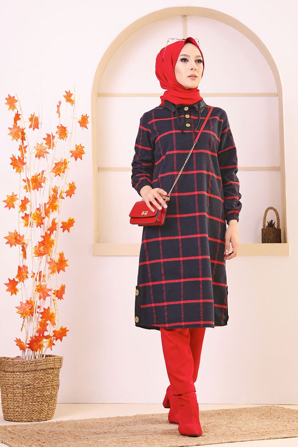 Düz Gömlek Yaka Kadın Kırmızı 8635 TUNIK - Yeşil - 46 - 8635