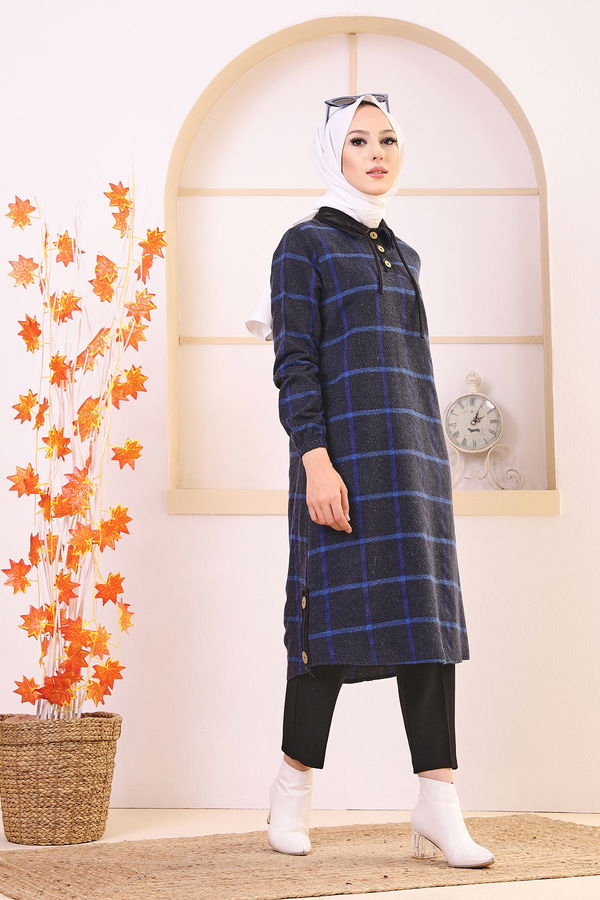 Düz Gömlek Yaka Kadın Mavi 8635 TUNIK - Yeşil - 46 - 8635 MAVİ