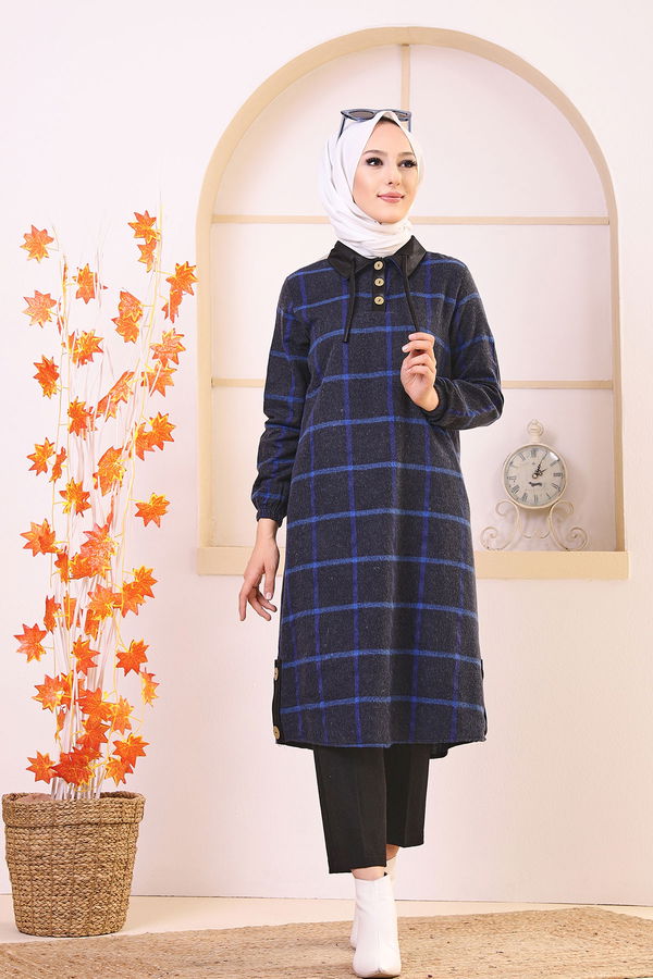 Düz Gömlek Yaka Kadın Mavi 8635 TUNIK - Yeşil - 46 - 8635 MAVİ
