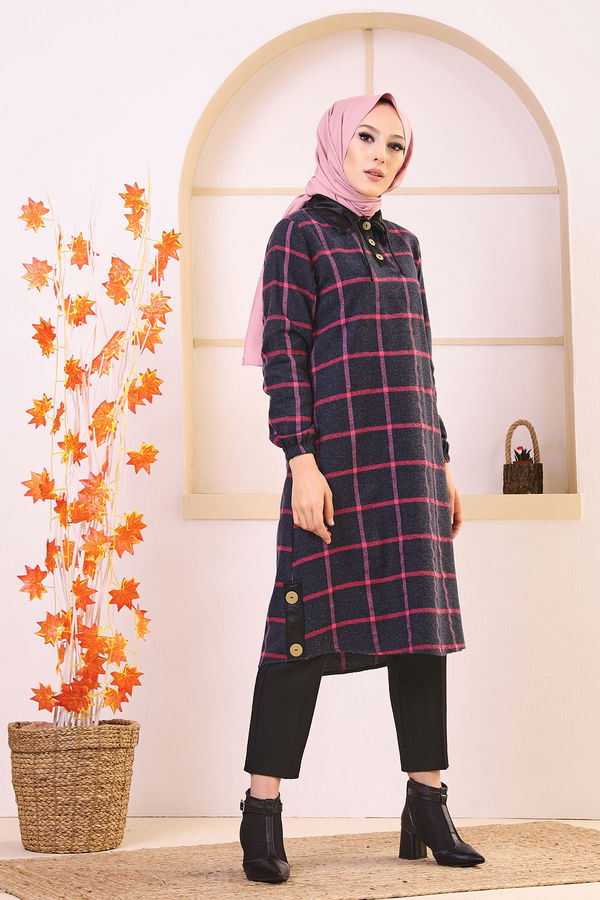Düz Gömlek Yaka Kadın Lacivert 8635 TUNIK - Yeşil - 46 - 8635 LACİVERT