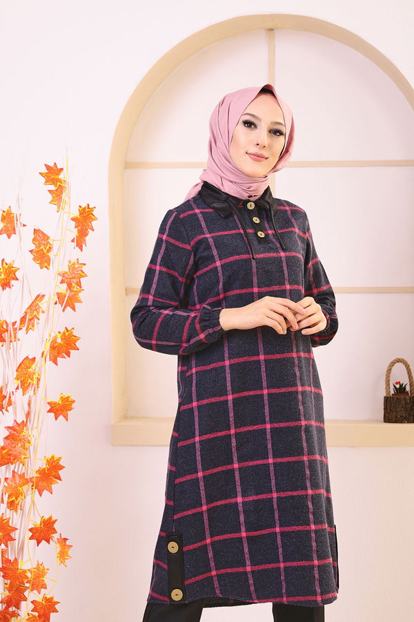 Düz Gömlek Yaka Kadın Lacivert 8635 TUNIK - Yeşil - 46 - 8635 LACİVERT