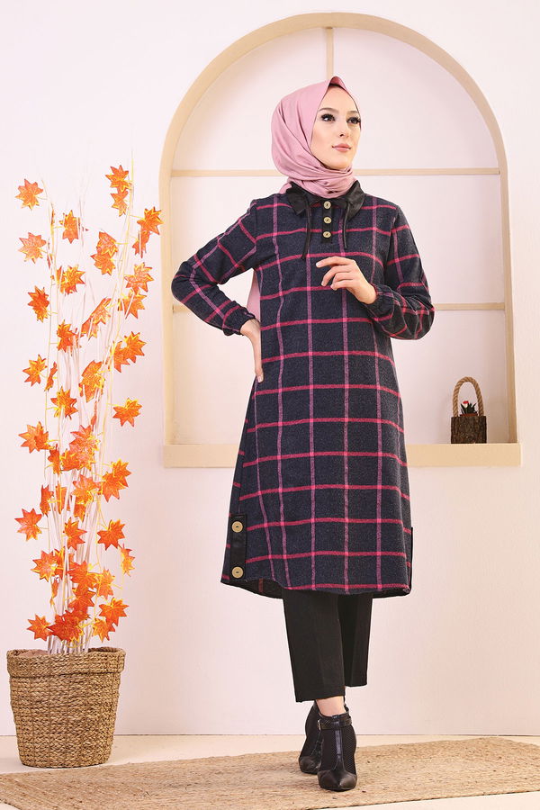 Düz Gömlek Yaka Kadın Lacivert 8635 TUNIK - Yeşil - 46 - 8635 LACİVERT