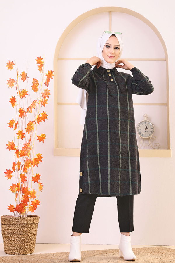 Düz Gömlek Yaka Kadın Antrasit 8635 TUNIK - Yeşil - 46 - 8635 ANTRASİT