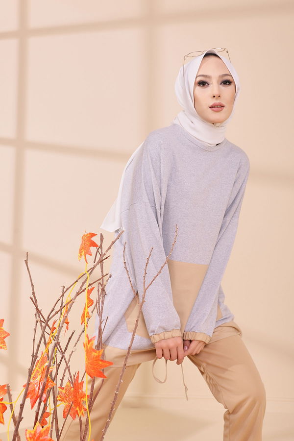 Düz Bisiklet Yaka Kadın Gri TUNIK - 3329 GRİ