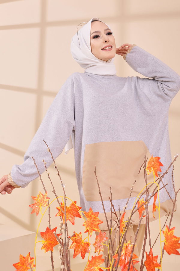 Düz Bisiklet Yaka Kadın Gri TUNIK - 3329 GRİ