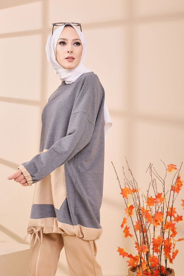 Düz Bisiklet Yaka Kadın Gri TUNIK - 3329