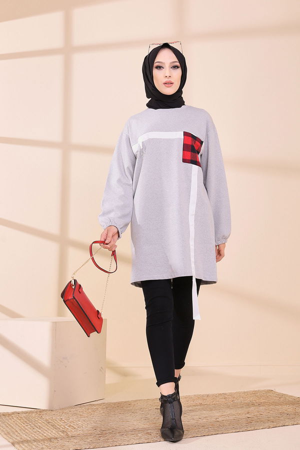 Düz Bisiklet Yaka Kadın Gri 3373 TUNIK - 3373 GRİ