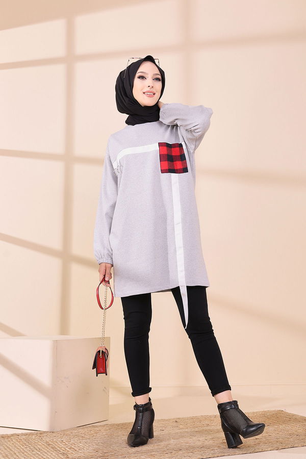 Düz Bisiklet Yaka Kadın Gri 3373 TUNIK - 3373 GRİ