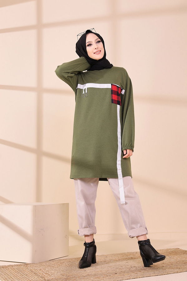 Düz Bisiklet Yaka Kadın Haki 3373 TUNIK - 3373 HAKİ