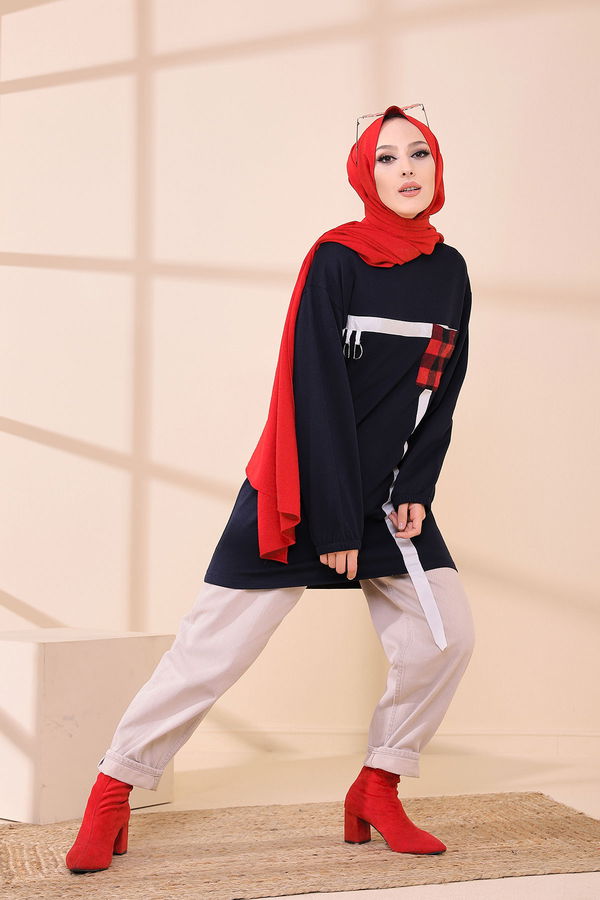 Düz Bisiklet Yaka Kadın Lacivert 3373 TUNIK - 3373 LACİVERT