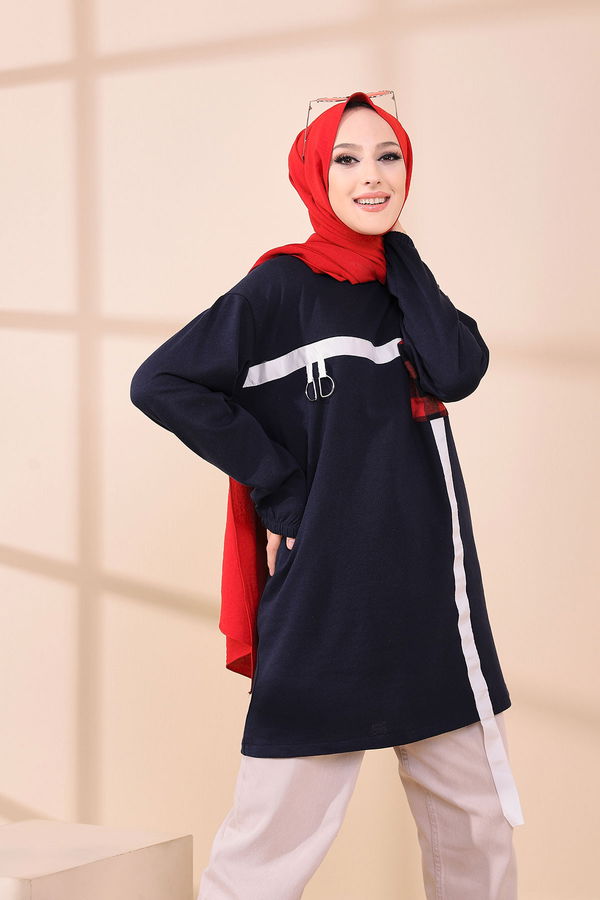 Düz Bisiklet Yaka Kadın Lacivert 3373 TUNIK - 3373 LACİVERT
