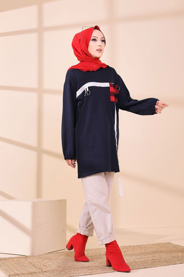 Düz Bisiklet Yaka Kadın Lacivert 3373 TUNIK - 3373 LACİVERT