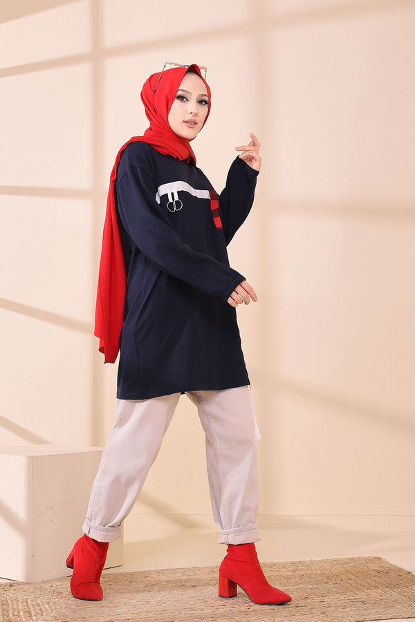 Düz Bisiklet Yaka Kadın Lacivert 3373 TUNIK - 3373 LACİVERT