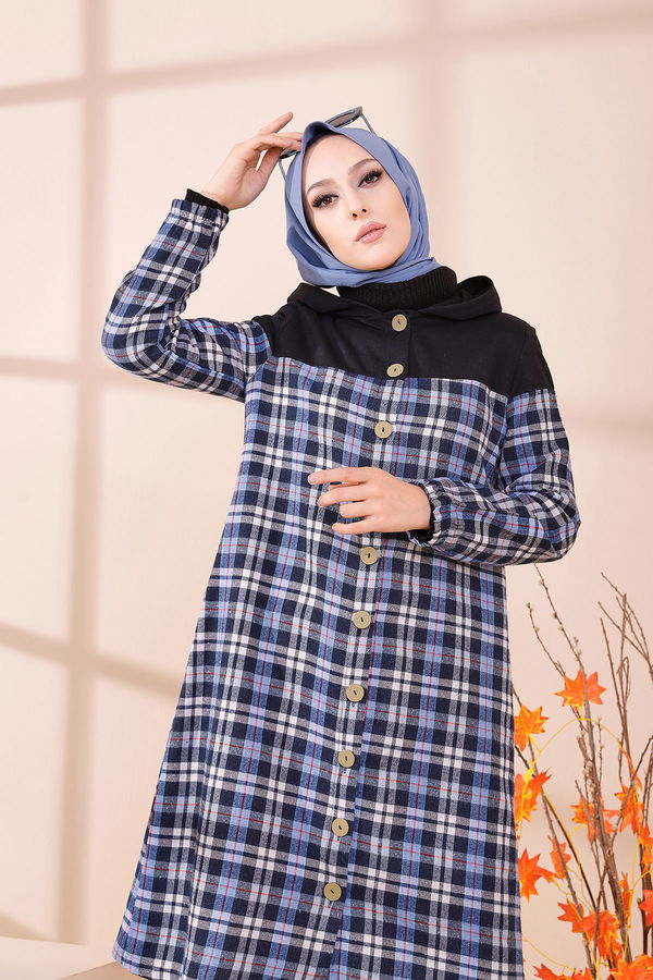 Düz Kapşonlu Yaka Kadın Lacivert KAPSONLU TUNIK - 8609
