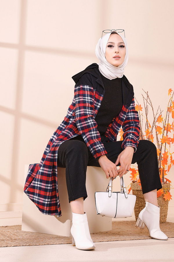 Düz Kapşonlu Yaka Kadın Kırmızı KAPSONLU TUNIK - 8609 Kırmızı