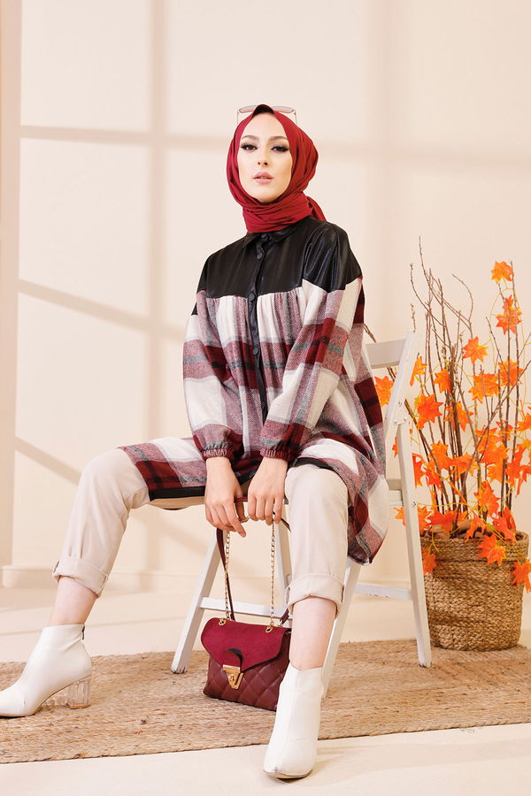 Düz Gömlek Yaka Kadın Bordo TUNIK - 13087