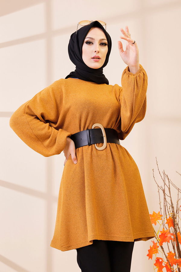 Düz Bisiklet Yaka Kadın Sarı 5283 TUNIK - 5283 Sarı