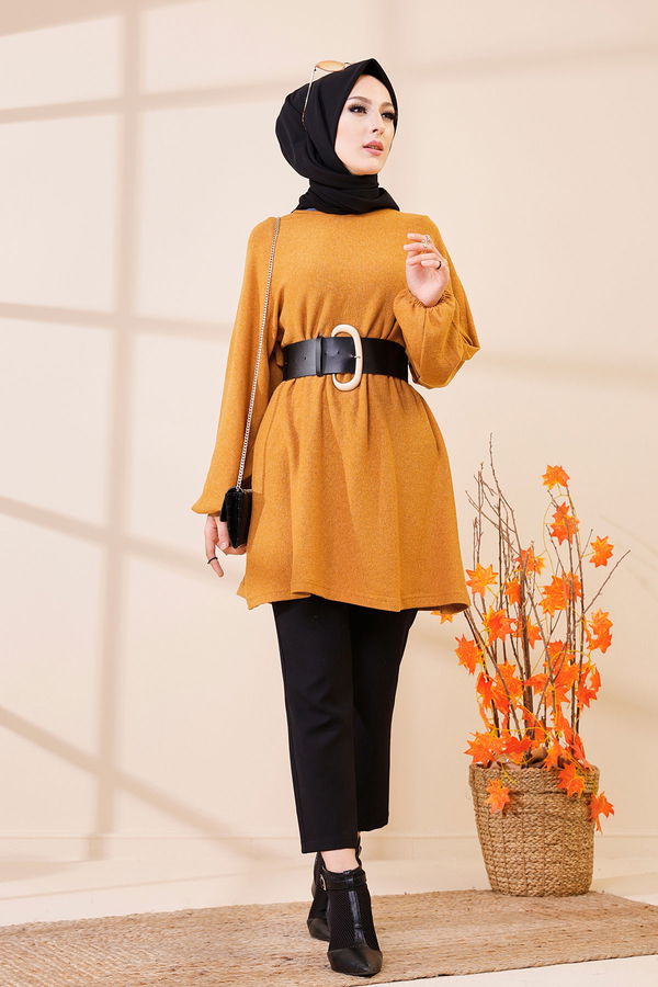 Düz Bisiklet Yaka Kadın Sarı 5283 TUNIK - 5283 Sarı