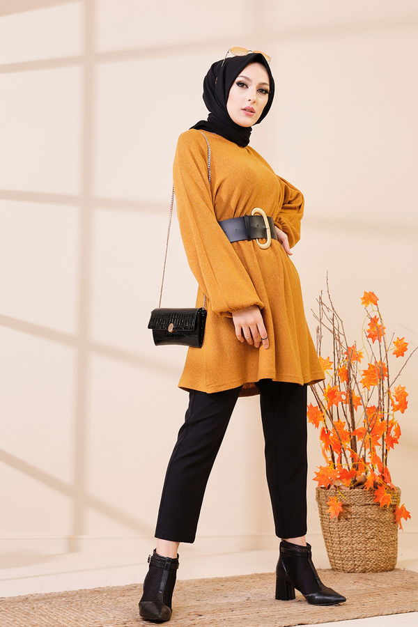 Düz Bisiklet Yaka Kadın Sarı 5283 TUNIK - 5283 Sarı