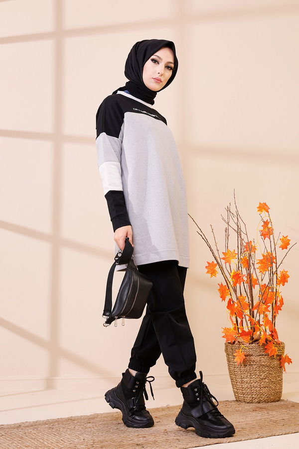 Düz Bisiklet Yaka Kadın Gri 3383 TUNIK - 3383 GRİ