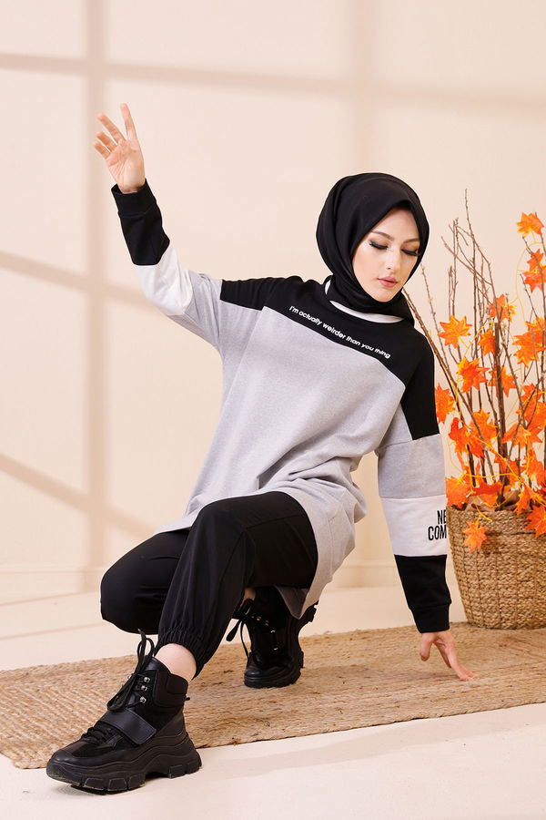 Düz Bisiklet Yaka Kadın Gri 3383 TUNIK - 3383 GRİ