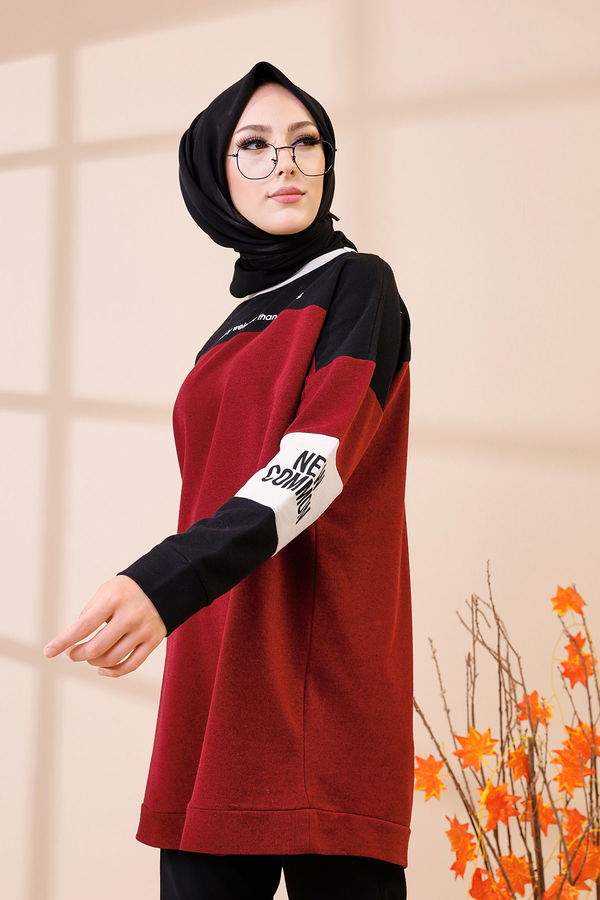 Düz Bisiklet Yaka Kadın Bordo 3383 TUNIK - 3383 BORDO